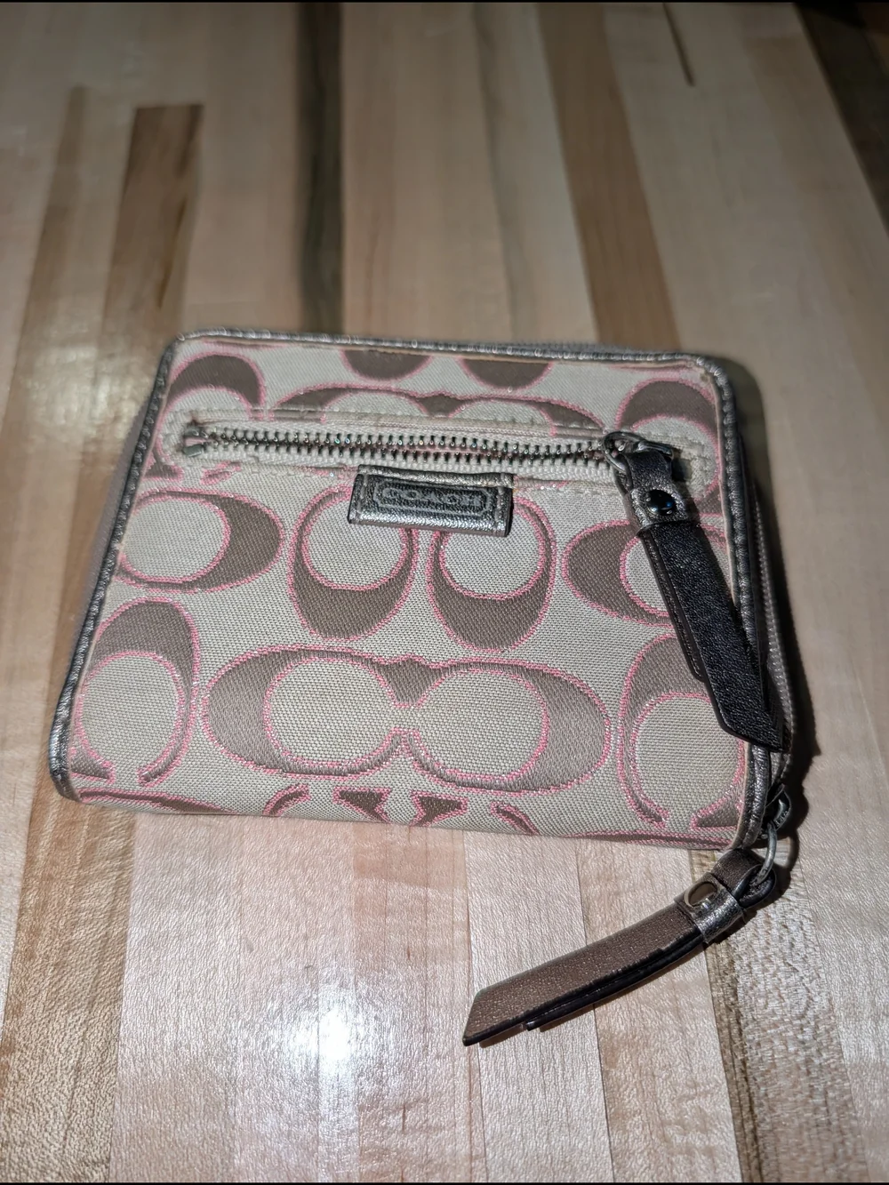 Coach Signature Canvas Zip Wallet in Pink & Beige